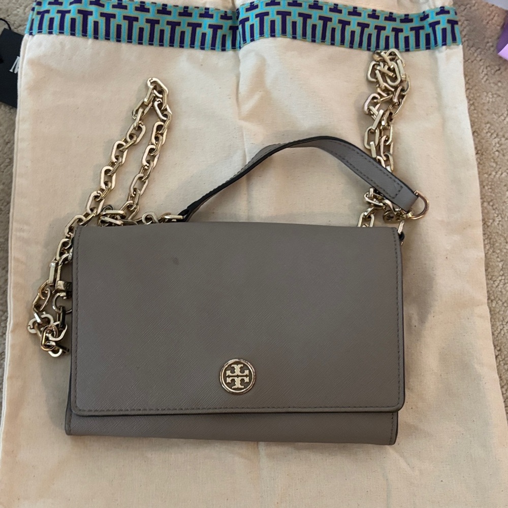 Tory Burch Gray Saffiano Convertible Chain Shoulder Bag